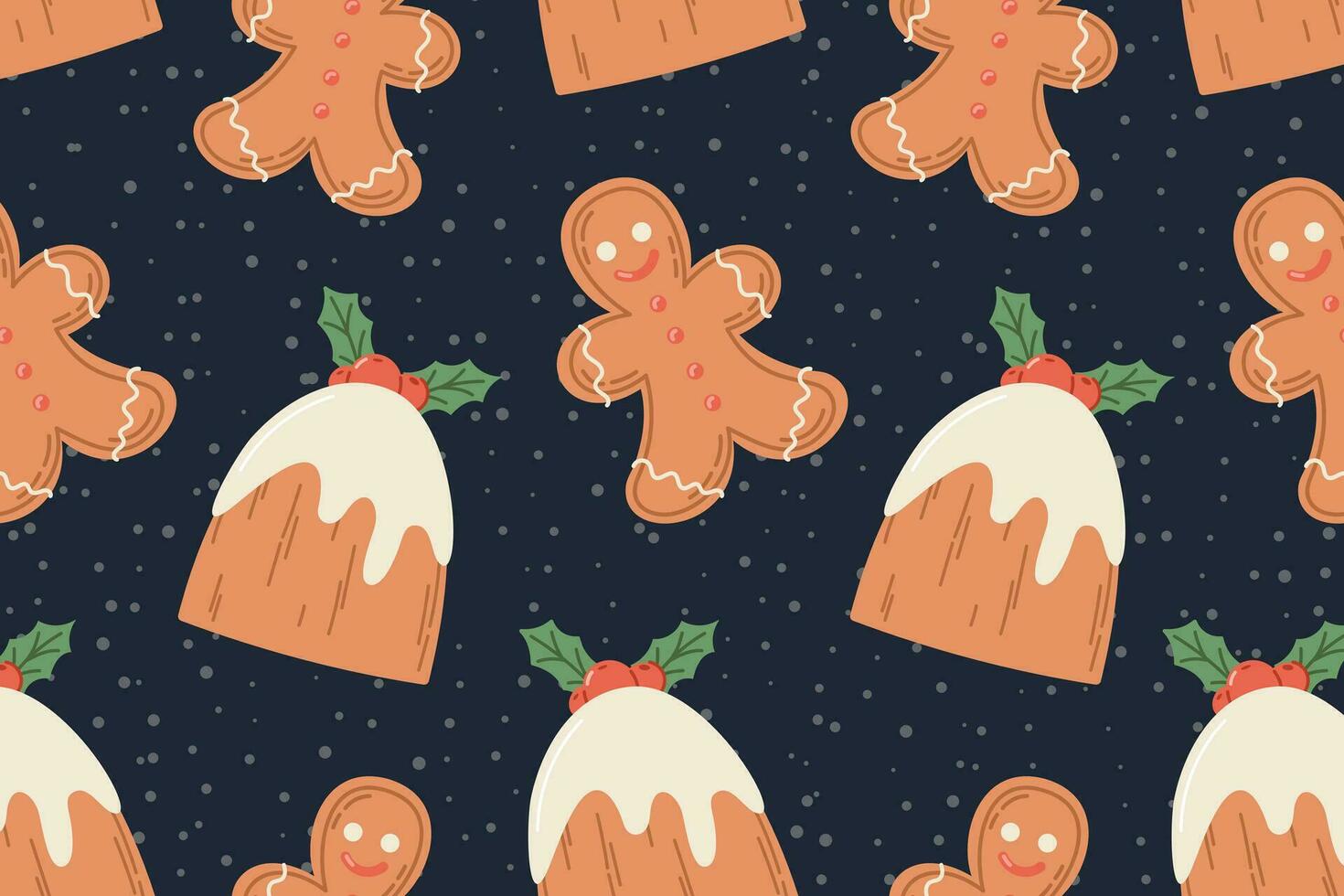 Navidad fiesta horneando. plano Galleta pan de jengibre hombre y tradicional chocolate pudín con Formación de hielo y acebo rama. vector dibujos animados sin costura modelo.