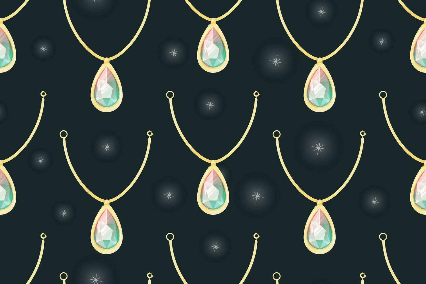 Golden royal luxury necklace with emerald or diamond precious gem stone. Vector seamless pattern, cartoon women's pendant, expensive treasure jewelry.