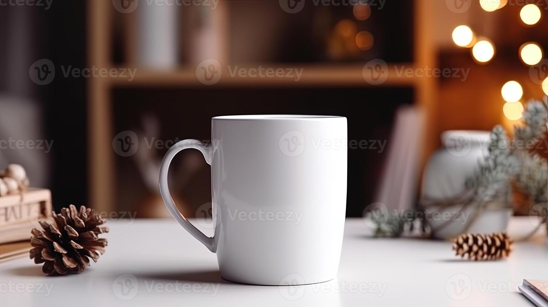 , White ceramic cup set-up in at home interior, mug mock up blank. photo