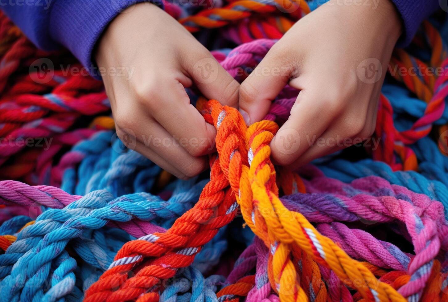 , peoples hands working together to untangle a knotted rope. Business teamwork. photo
