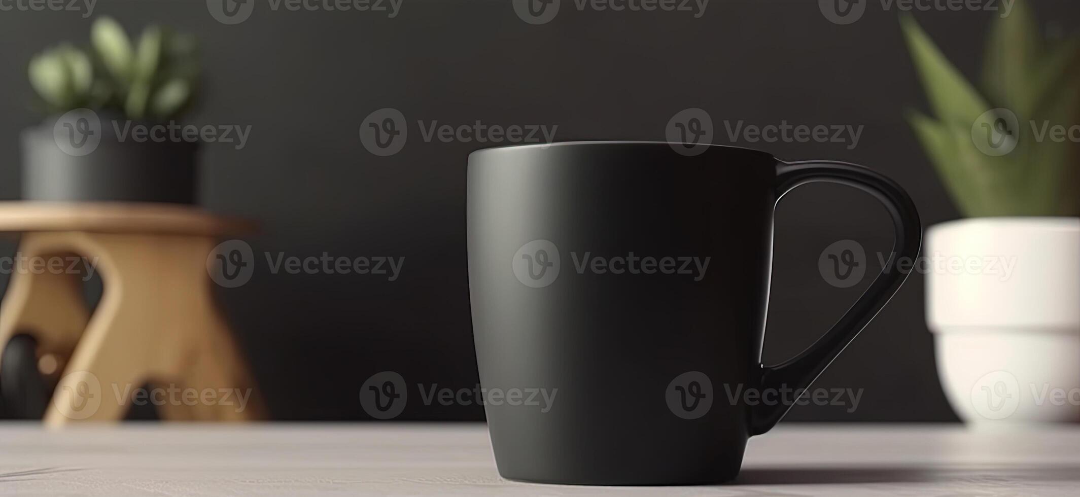 Generative AI, Black ceramic cup set-up in at home interior, mug mock up blank. photo