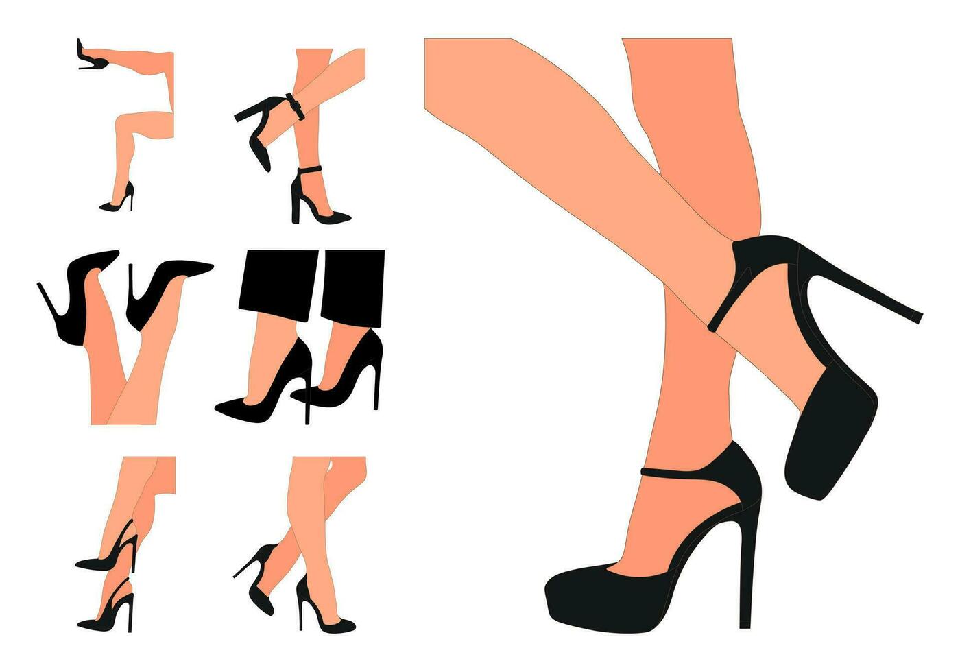 esbelto, joven hembra piernas en un pose. Zapatos tacones de aguja, alto tacones caminando, de pie, correr, saltando, bailar. mujer zapato modelo vector