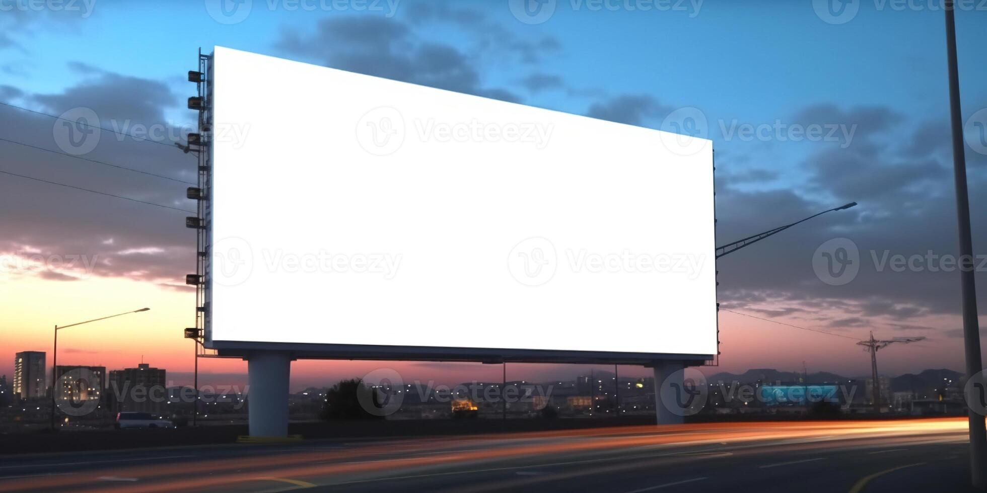 Generative AI, Realistic street big billboard mock up blank for presentation advertising. Outdoor sign blank in the futuristic city, business concept photo