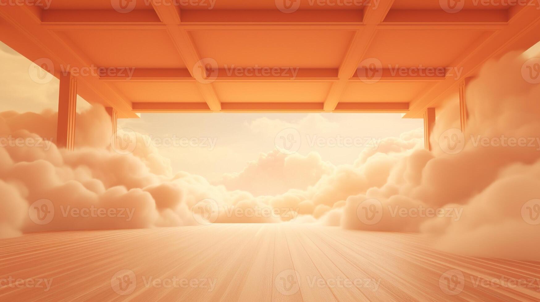 , Light orange, apricot color fantastic 3d clouds on the floor, sky and landscape. Gentle colors and with bright lights. photo