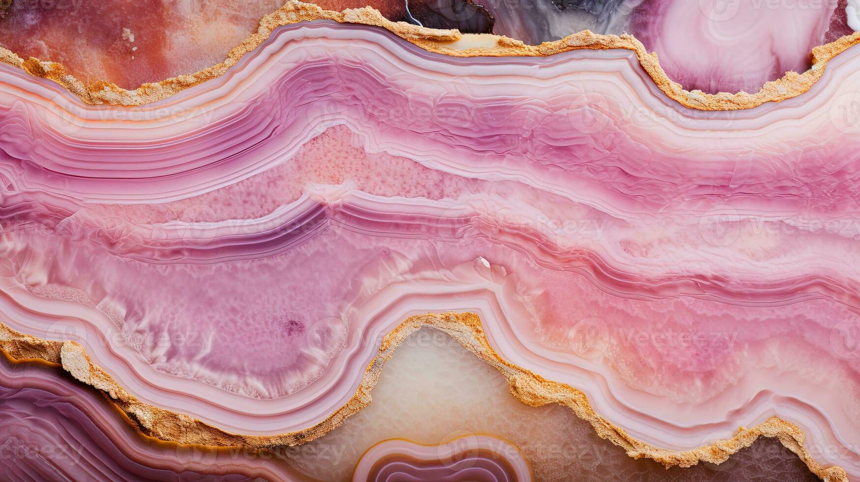 Generative AI, natural volcanic agate stones close-up light pink magenta and golden texture. Wallpaper background, quartz marble, decorative rock pattern photo