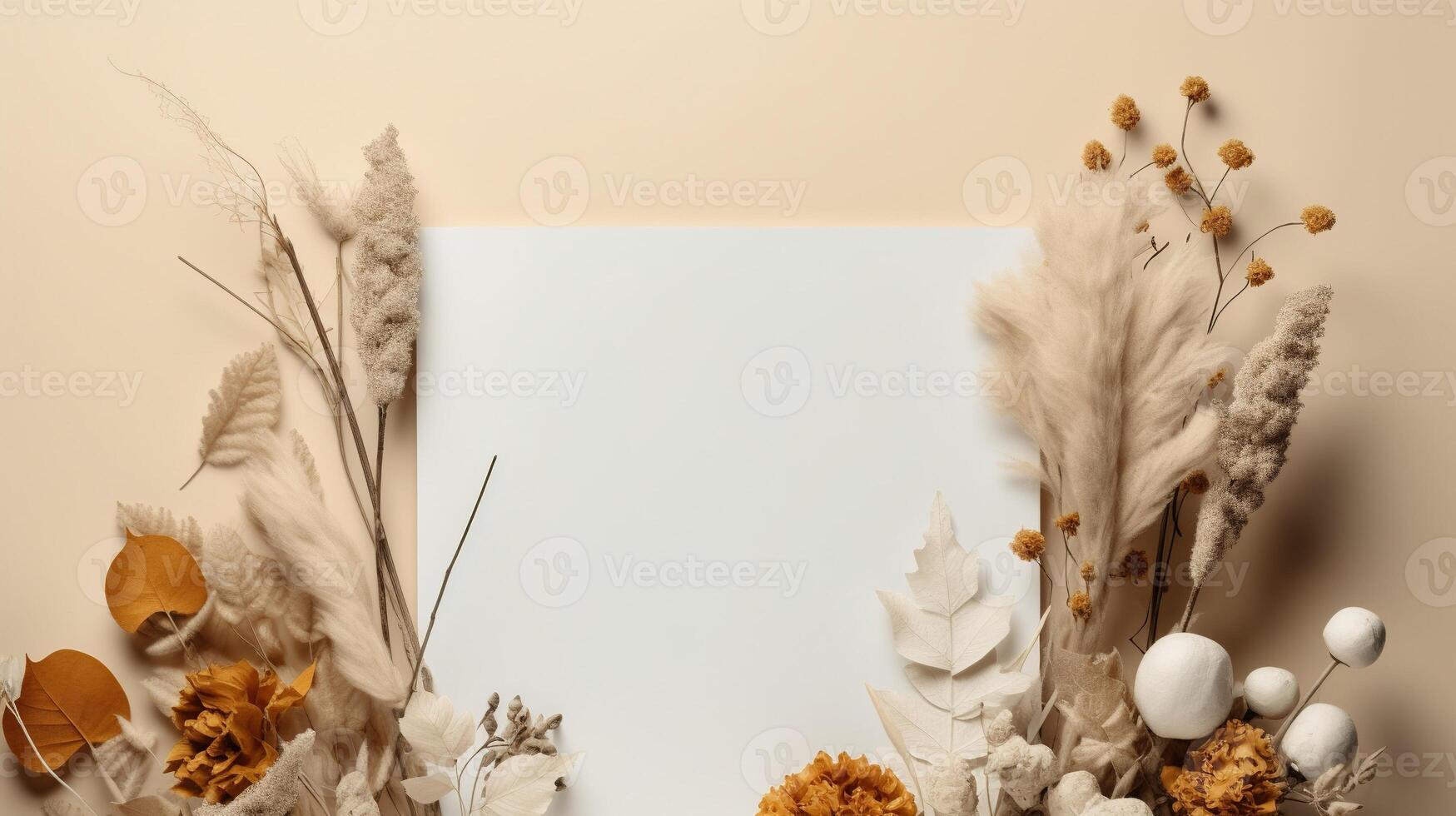 Generative AI, Bohemian white blank sheet paper surrounded by natural dried leaves and plants, poster mock up photo