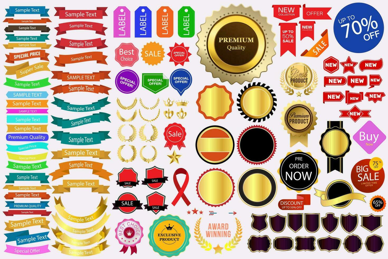 Sales and Promotional Badges Premium Quality Best Choice Golden Labels Colorful Ribbon Set Design Elements Huge Collection Flat Vector