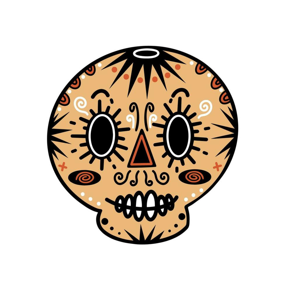 gracioso azúcar cráneo vector icono. festivo máscara de un Siniestro escalofriante mexicano hombre aislado en blanco. bosquejo para el día de el muerto, dia Delaware muertos. plano dibujos animados clipart, cabeza hueso. para carteles, imprimir, web