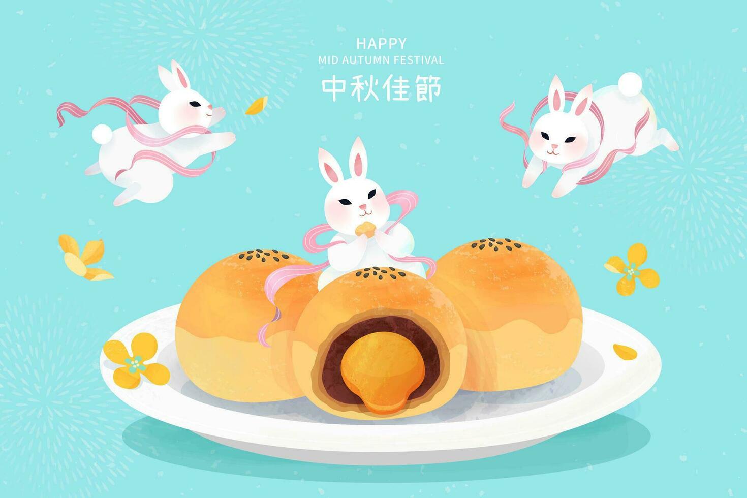 Delicious yolk pastry with jade rabbits on blue background, Mid autumn festival written in Chinese words vector