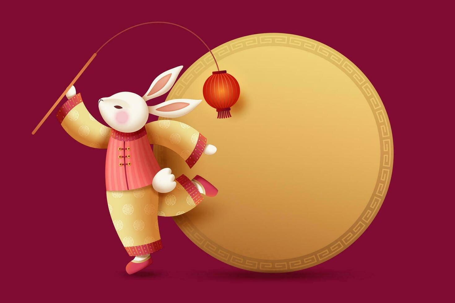 Elegant costumed rabbit holding red lantern with golden color round copy space vector