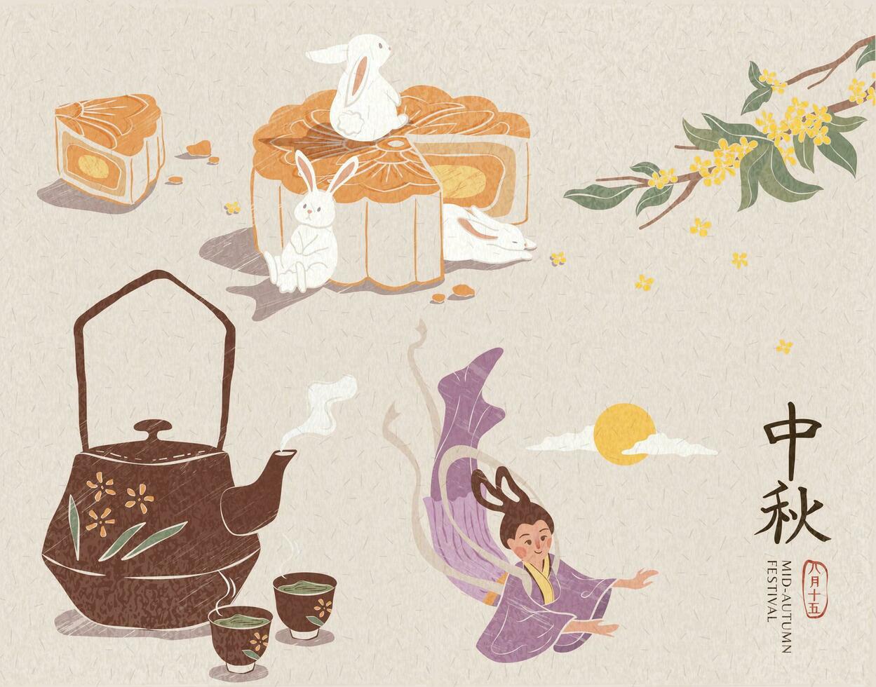 Delicious mooncake, cute jade rabbit, hot tea and Chang'e for mid autumn festival, holiday name written in Chinese words vector