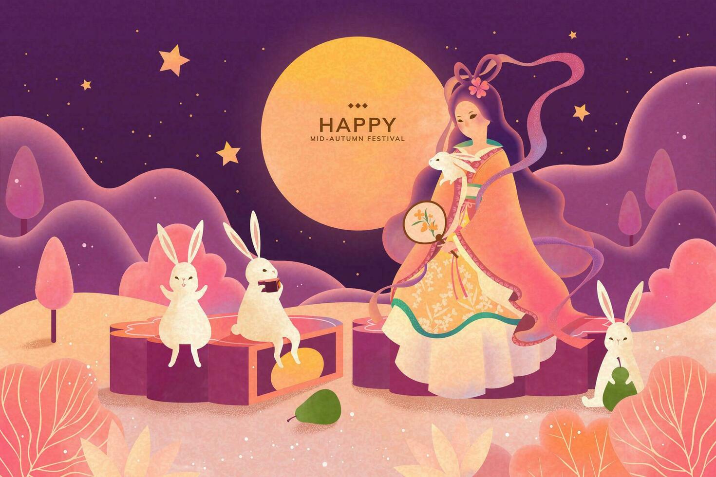 Dreamy color tone mid autumn festival, Chang'e and jade rabbit enjoy moon watching and sit on mooncake vector