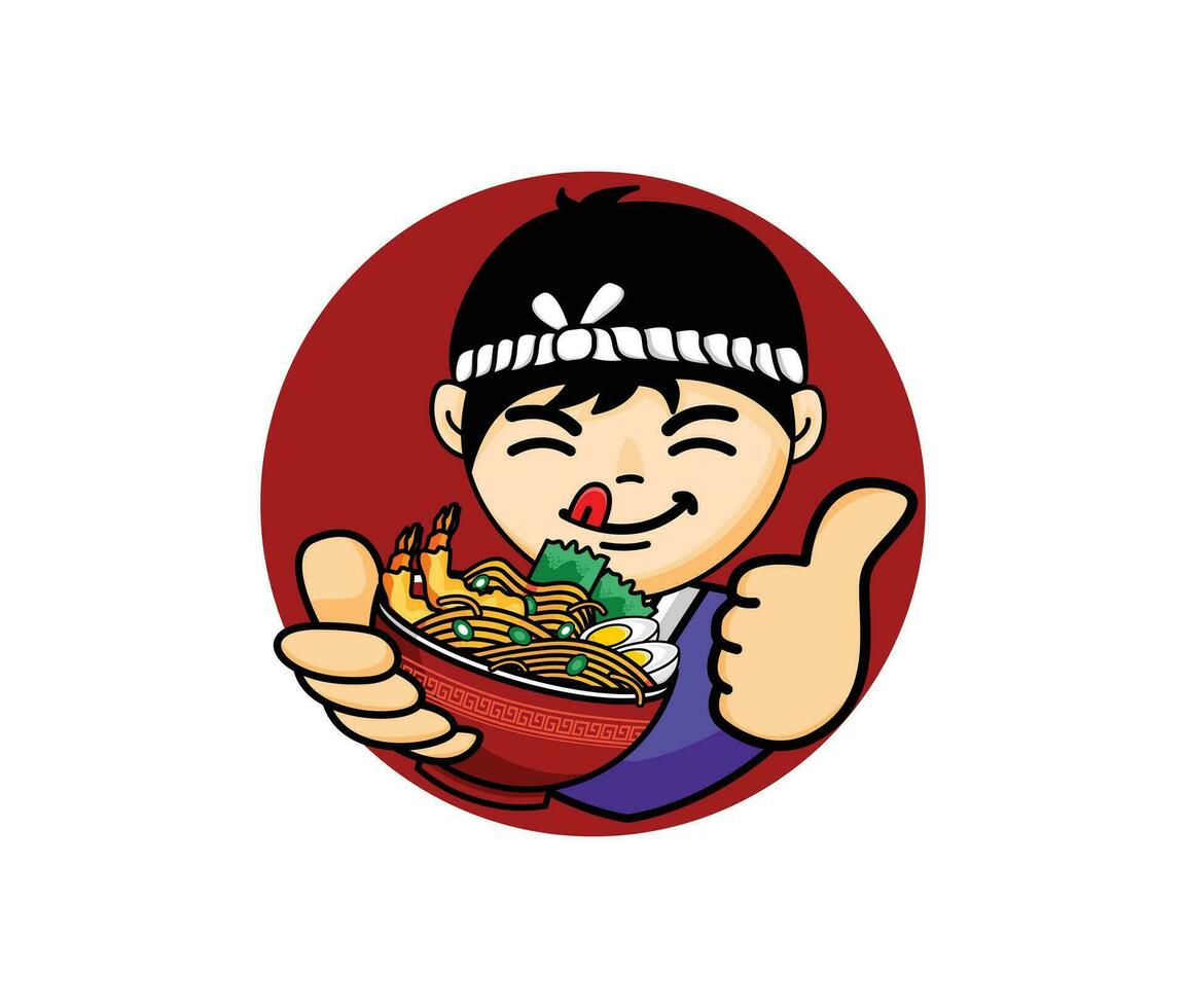 Vector Happy male chef holding ramen noodle cartoon icon illustration