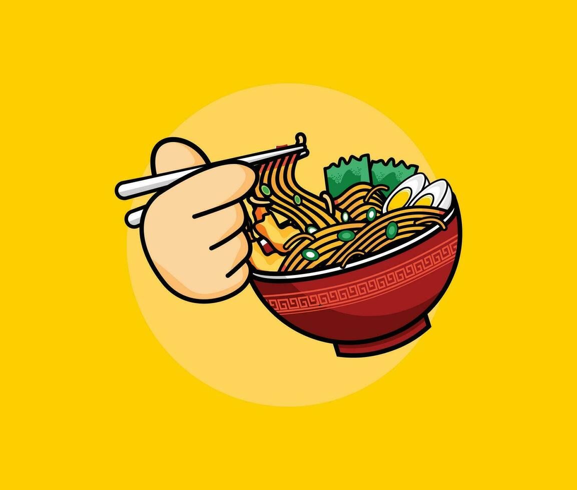 Vector Ramen noodle egg and meat with chopstick cartoon
