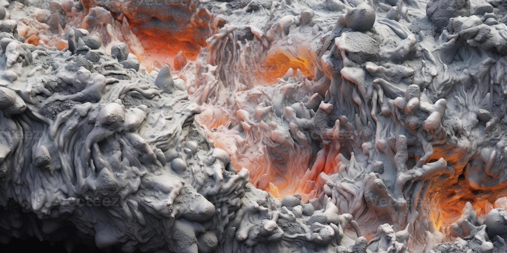 Generative AI, detailed close-up hot white and grey lava flow, magma texture of volcanic background. photo