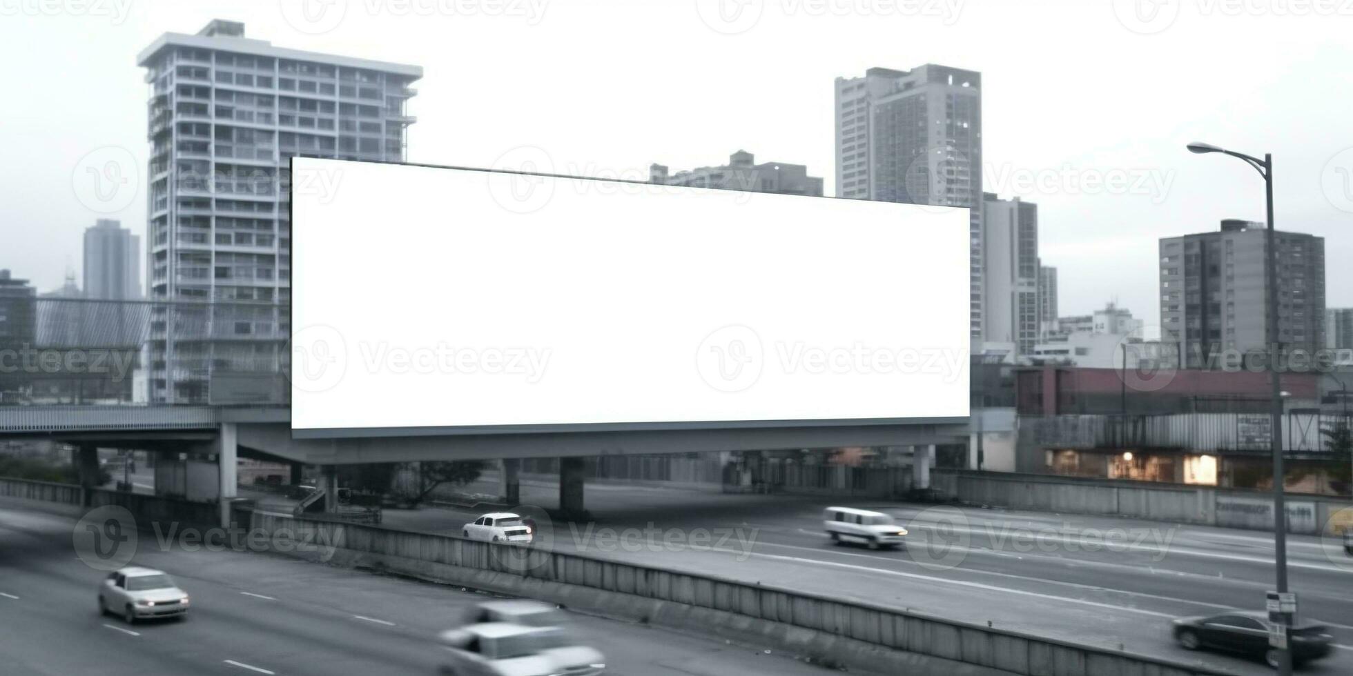 Generative AI, Realistic street big billboard mock up blank for presentation advertising. Outdoor sign blank in the futuristic city, business concept. photo