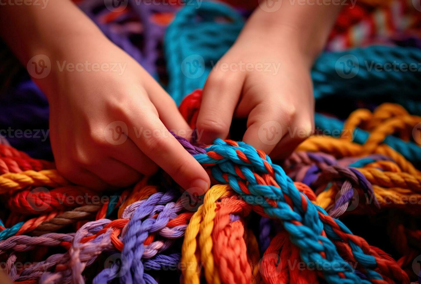 Generative AI, peoples hands working together to untangle a knotted rope. Business teamwork. photo