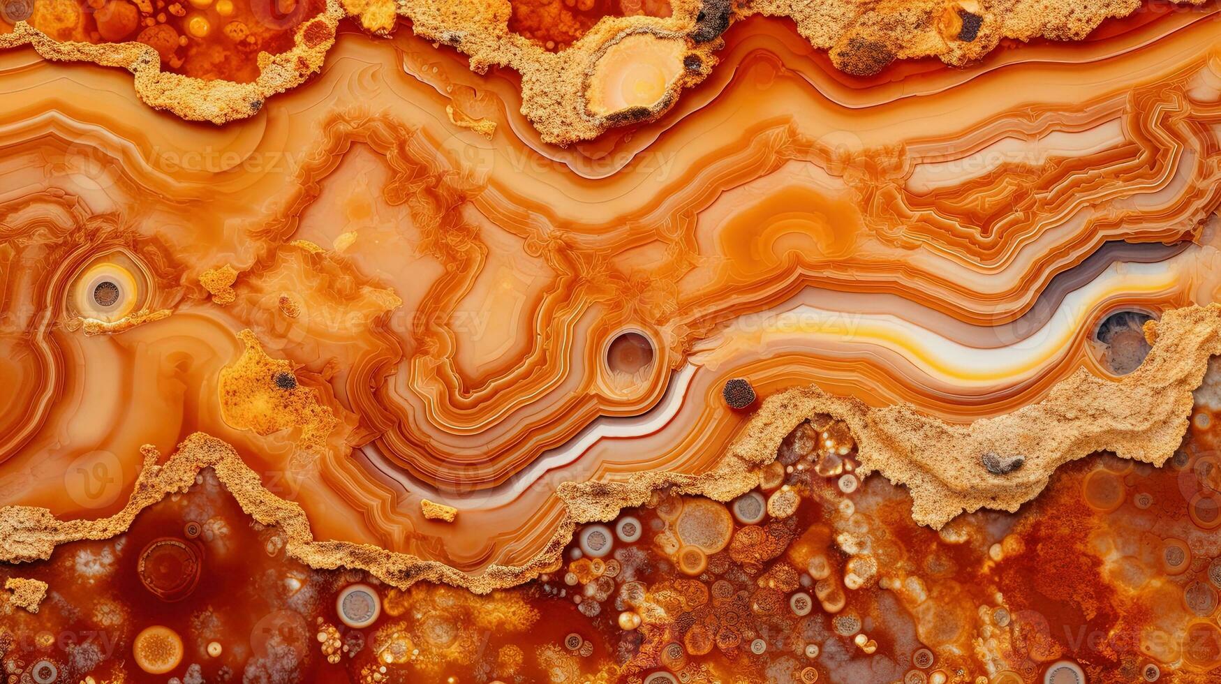 Generative AI, natural volcanic agate stones close-up light orange, apricot crush and golden texture. Wallpaper background, quartz marble, decorative rock pattern. photo