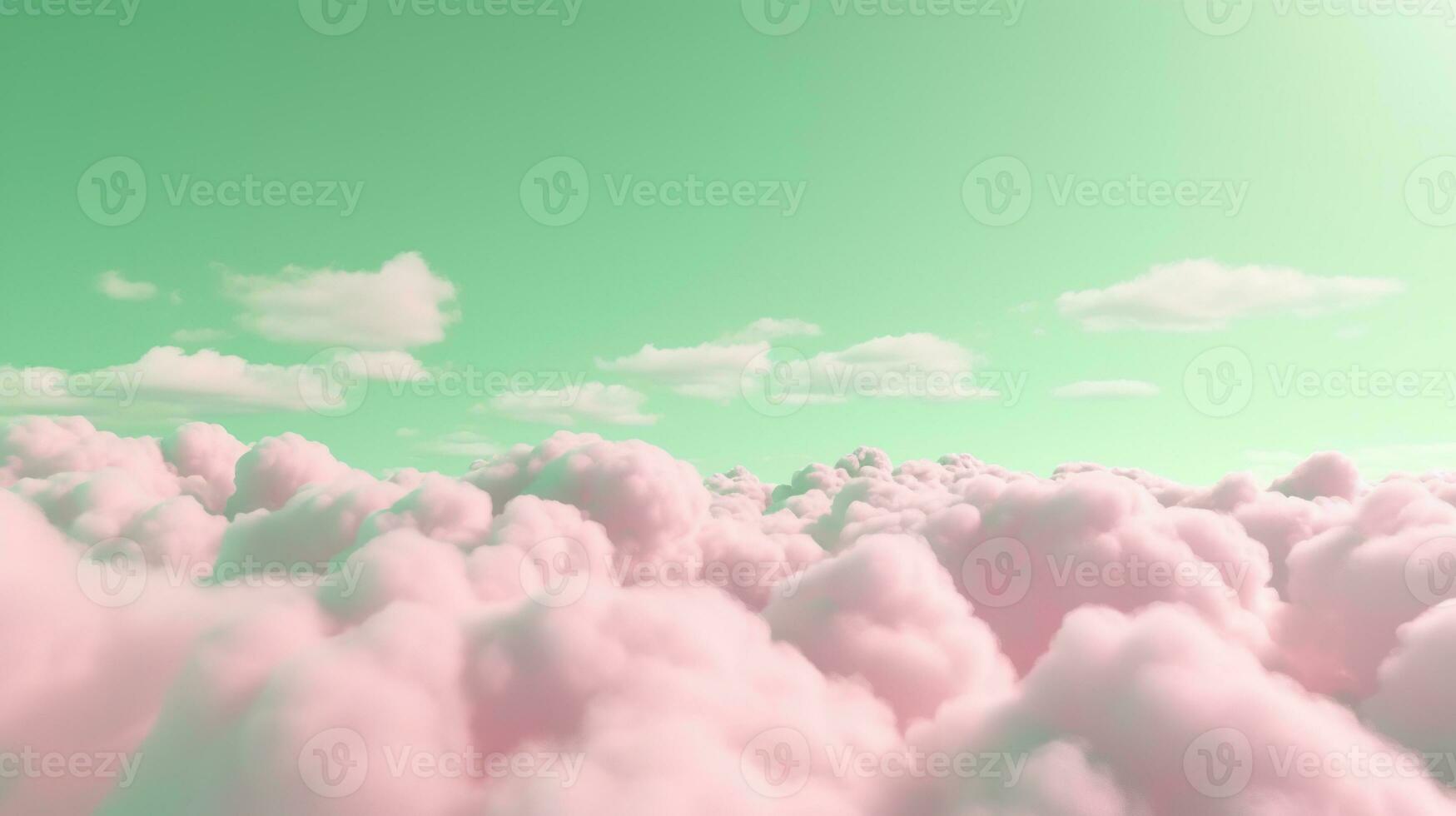 Generative AI, Pink and green fantastic 3d clouds on the floor, sky and landscape. Gentle colors and with bright lights. photo