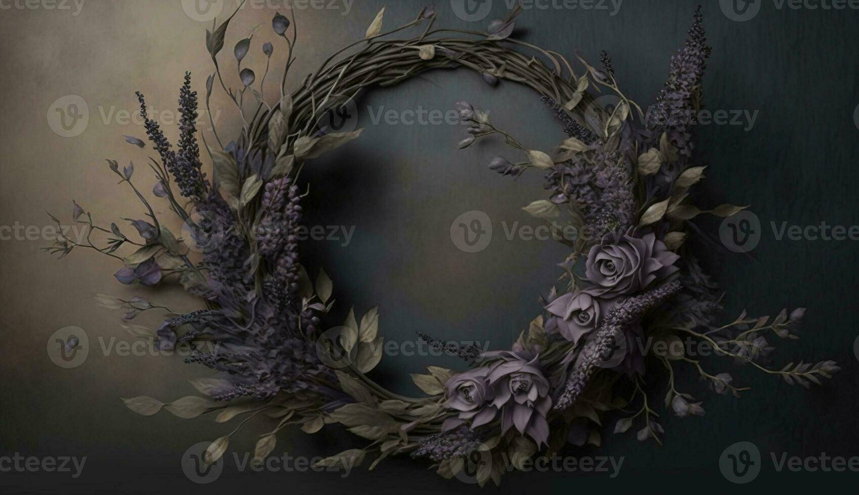 Generative AI, Close up of blooming flowerbeds of amazing lavender purple flowers wreath on dark moody floral textured background, copy space. photo