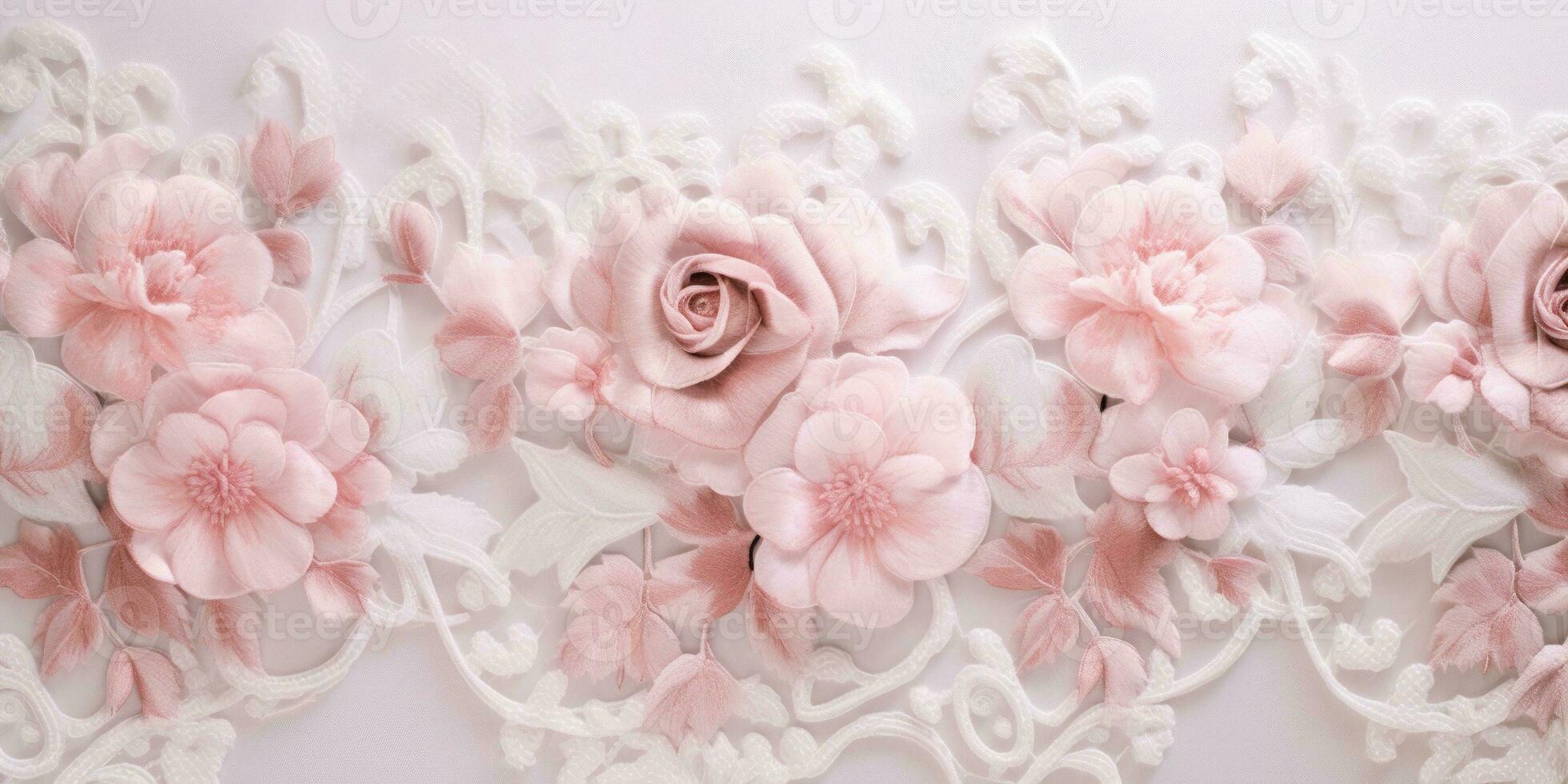 Generative AI, embroidered shabby chic baroque light pink roses pattern. Floral print on silk background photo