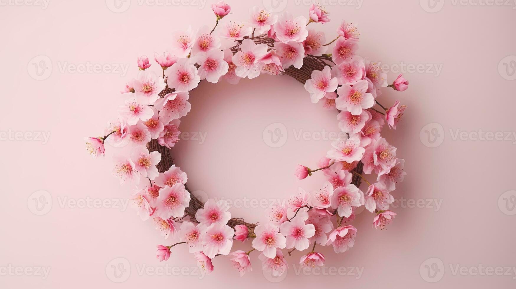 Generative AI, wreath of little light pink cherry sakura flowers with copy space, natural organic floral frame photo