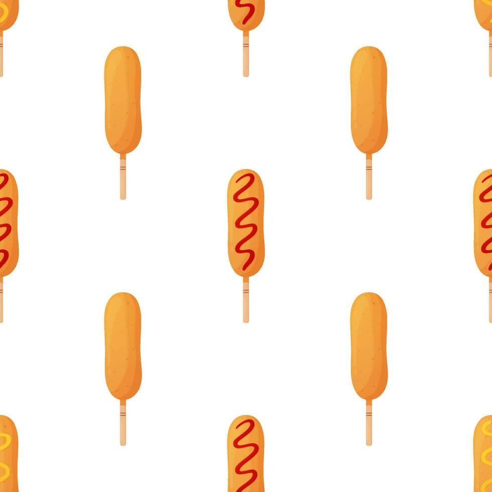 Corn dog with and without condiments. Seamless pattern. Sausage in dough on a stick. American or Korean street food. Detailed flat illustration. Fastfood concept. Isolated on a white background. vector