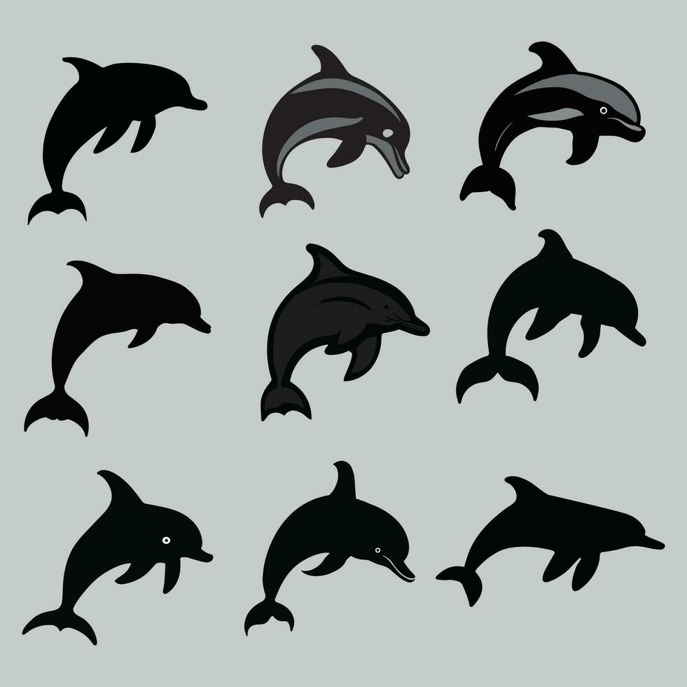 Silhouette set of dolphins vector icon