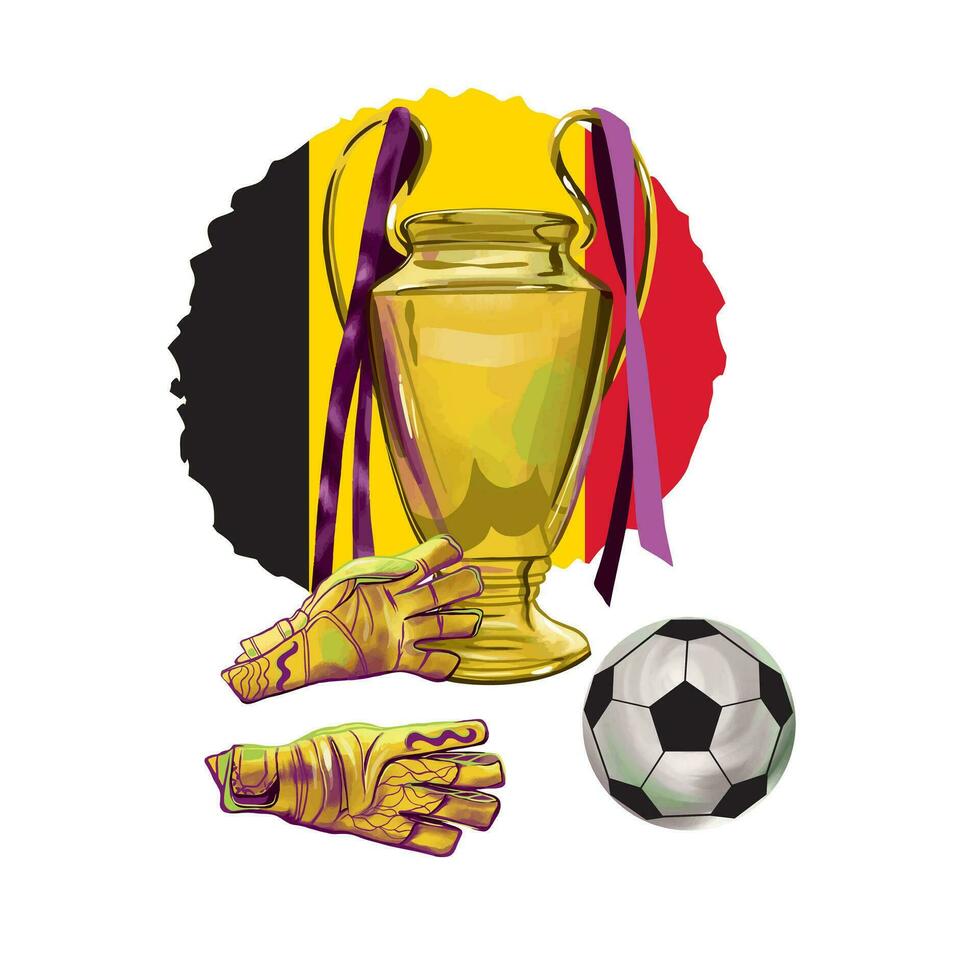 Football gloves, ball, champion cup on the background of the flag. Vector illustration of football set. Design element for sports banners, flyers, invitations, t-shirt design.