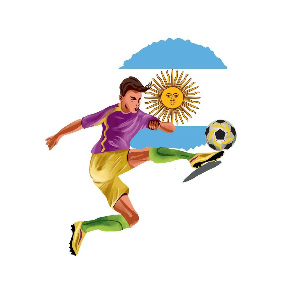 Football player kicking the ball on the background of the flag of Argentina. Vector illustration. Design element for sports banners, flyers, invitations, clothes.