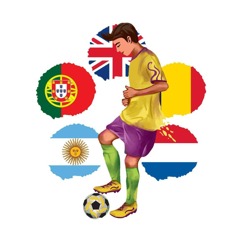 Football player in training with the ball on the background of the flags of different countries. Vector illustration. Design element for sports banners, flyers, invitations, clothes.