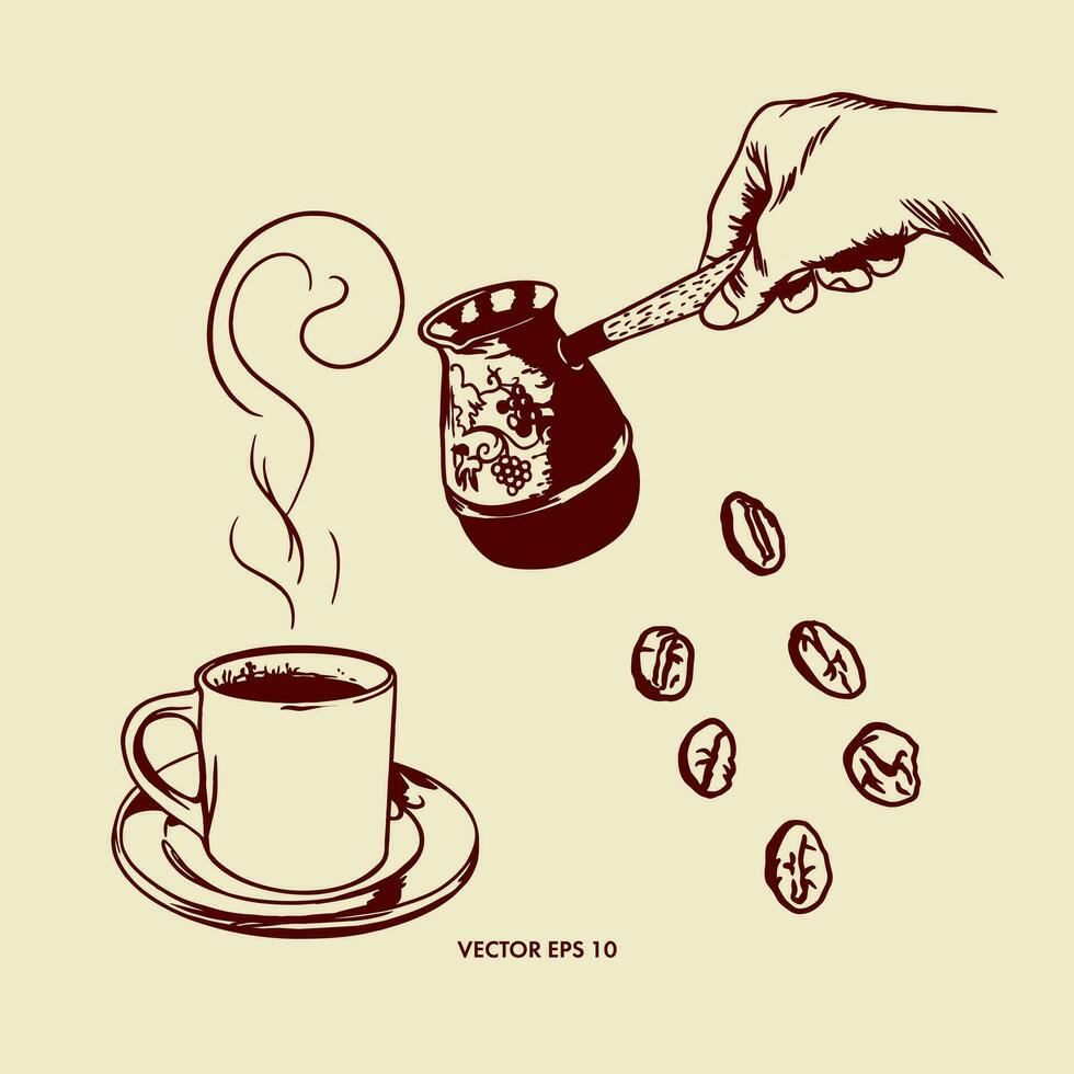 un taza con café, café frijoles, un cezve en un del hombre mano. vector ilustración en gráfico estilo. diseño elemento para menús, comida embalaje, café producto etiquetas.