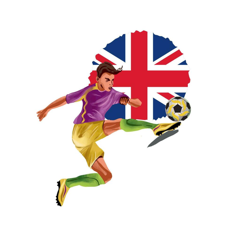 Football player kicking the ball on the background of the flag of England. Vector illustration. Design element for sports banners, flyers, invitations, clothes.