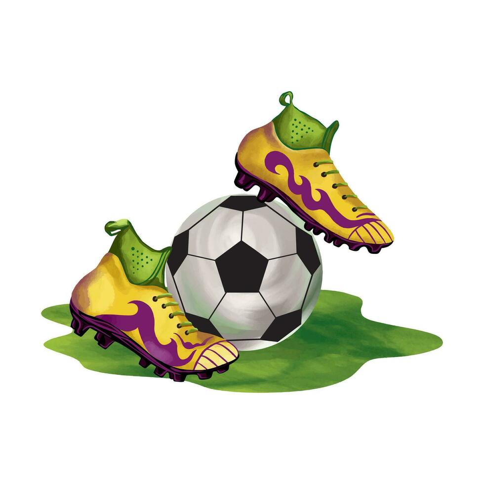 Soccer ball and football boots on a green field. Vector illustration. Design element for sports banners, flyers, invitations, clothes.