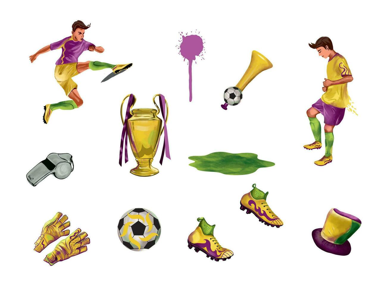 Football boots, ball, whistle, fan's hat and pipe, football players, champion cup, gloves. Vector illustration of football set. Design element for sports banners, flyers, invitations.