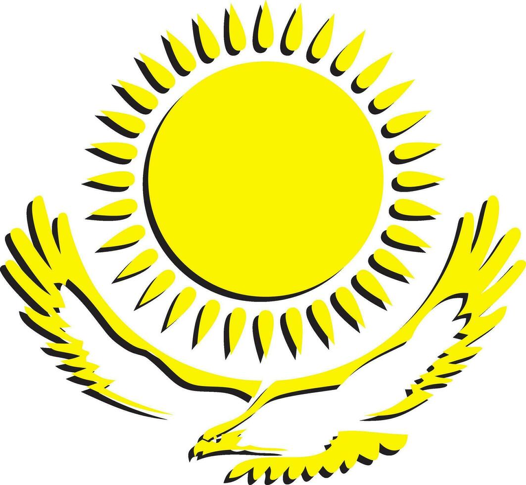 Vector state yellow coat of arms of the Republic of Kazakhstan. Black national sign Kazakh. Pride and symbol of the state. Sun and golden eagle.