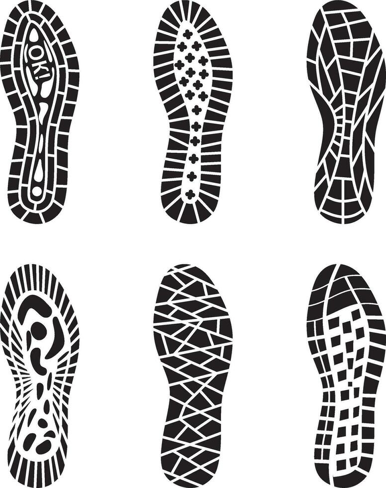 Vector set of shoe traces silhouettes. The imprint of the shadow of the foot, shoe.