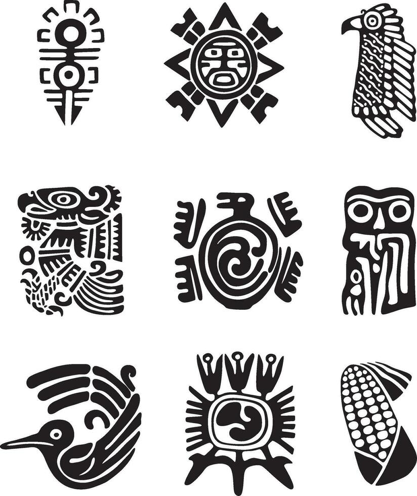 Vector set of monochrome Indian symbols. National ornament of native americans, aztecs, maya, incas.