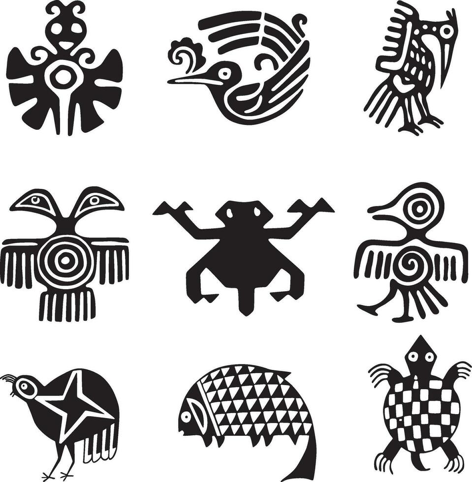 Vector monochrome set of indian symbols, native americans. Indigenous signs of Central and South America.