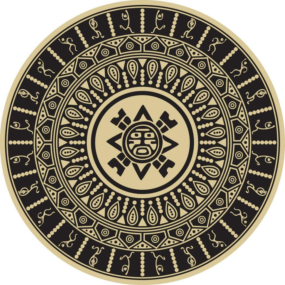 Vector round gold indian ornament. Totem in the circle of Native Americans. Geometric pattern of the peoples of South and Central America, Aztec, Maya, Incas. Dancing people.