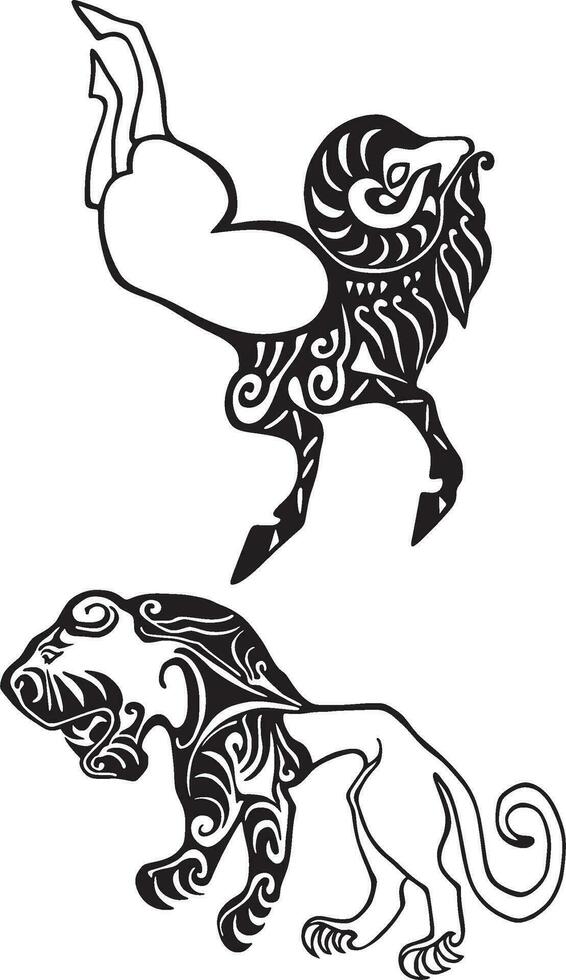 Vector tattoos of ancient people. Drawings on Scythian mummies. Mystical signs of strength and power. History of Asian peoples, Sakas, Scythians. Image of a goat and a tiger. Body Art