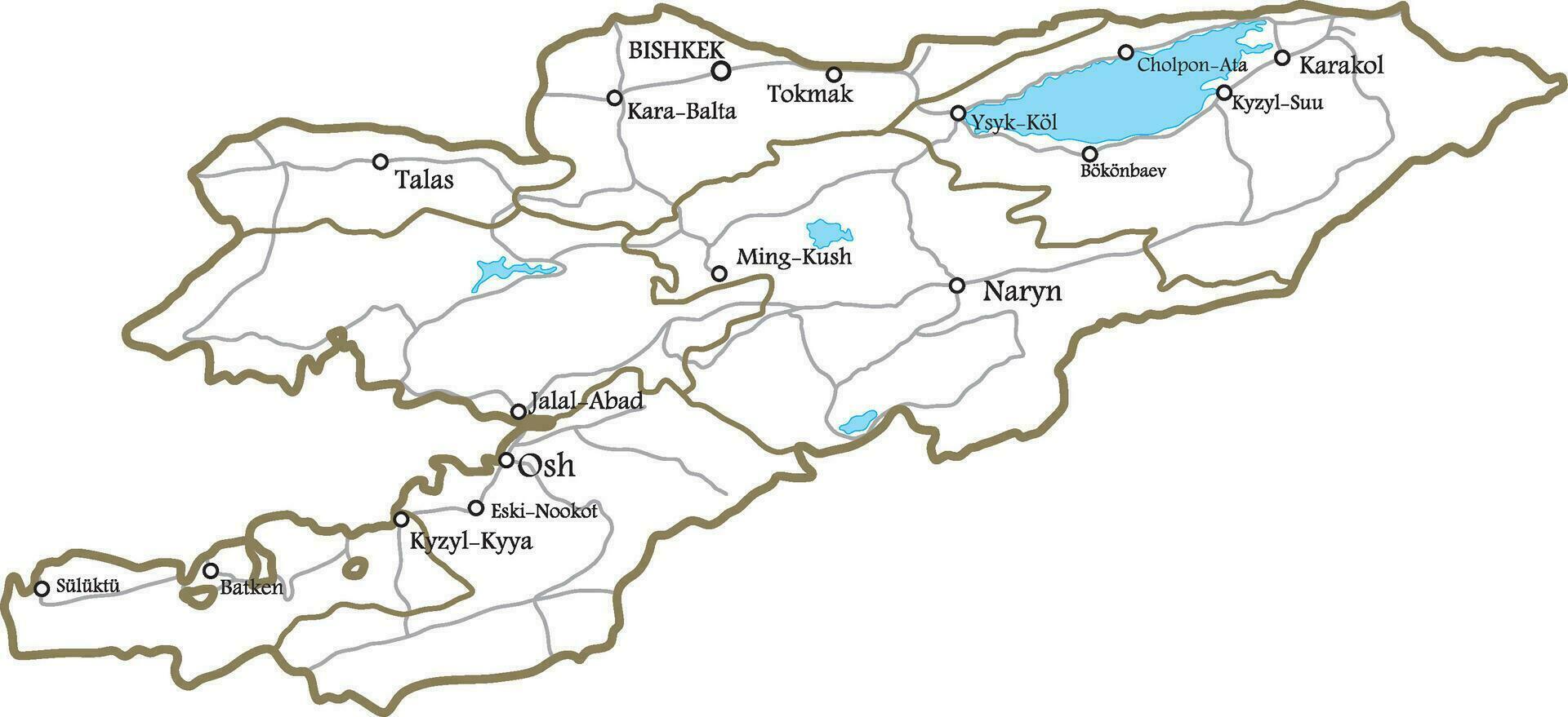 Vector outline map of Kyrgyzstan with borders of regions, lakes and rivers. Administrative division of the state. Issyk-Kul lake