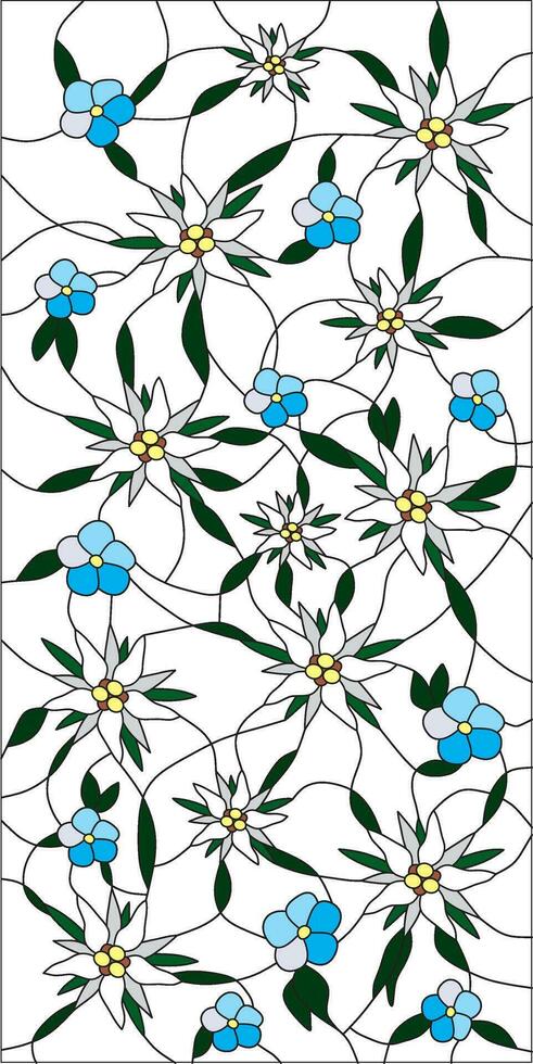 vector modelo para manchado vaso Edelweiss y nomeolvides. montaña flores, azul plantas para vaso cuadro. modelo para ventana, puerta y techo.