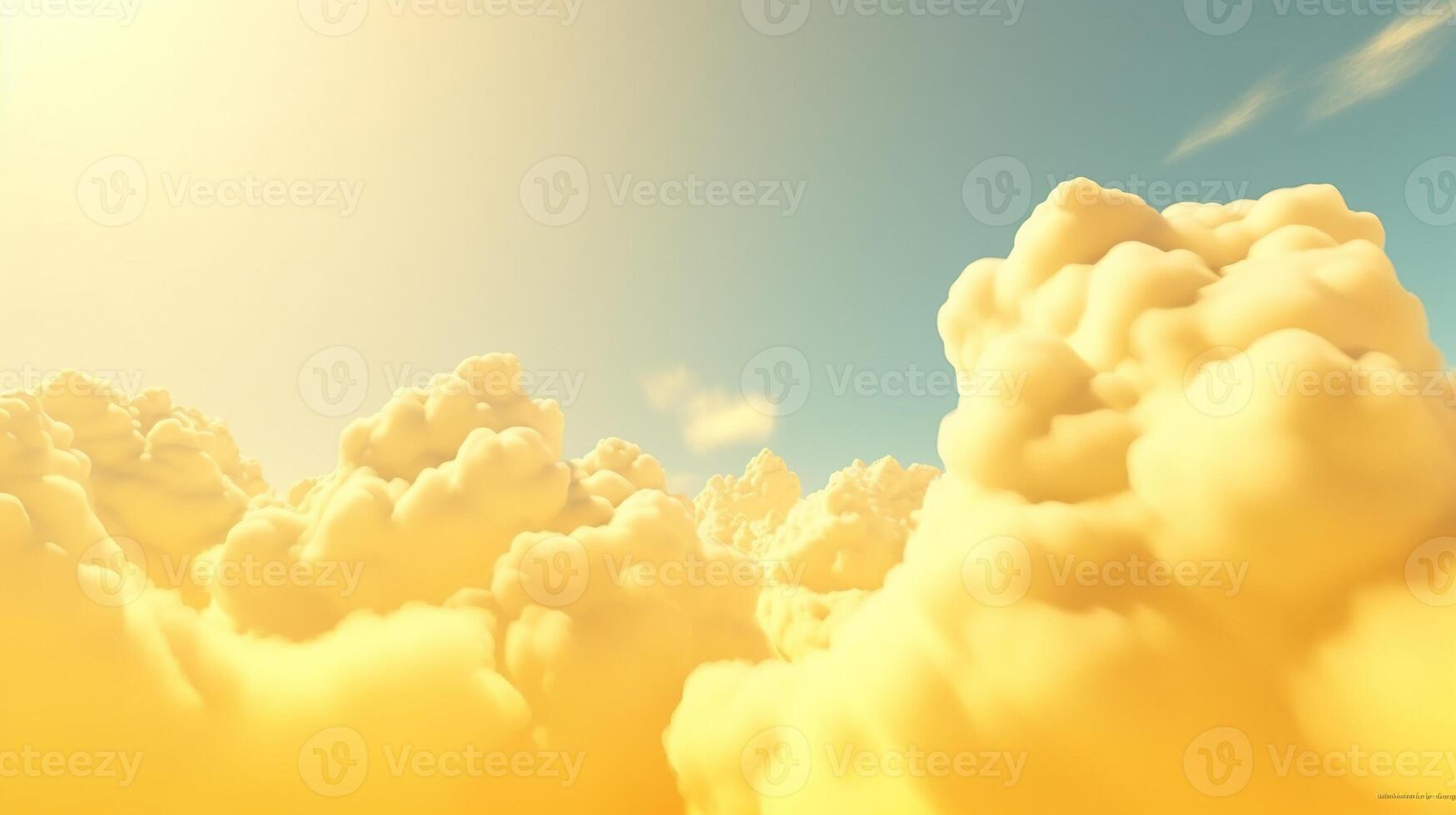 Generative AI, Light yellow fantastic 3d clouds on the floor, sky and landscape. Gentle colors and with bright lights. photo