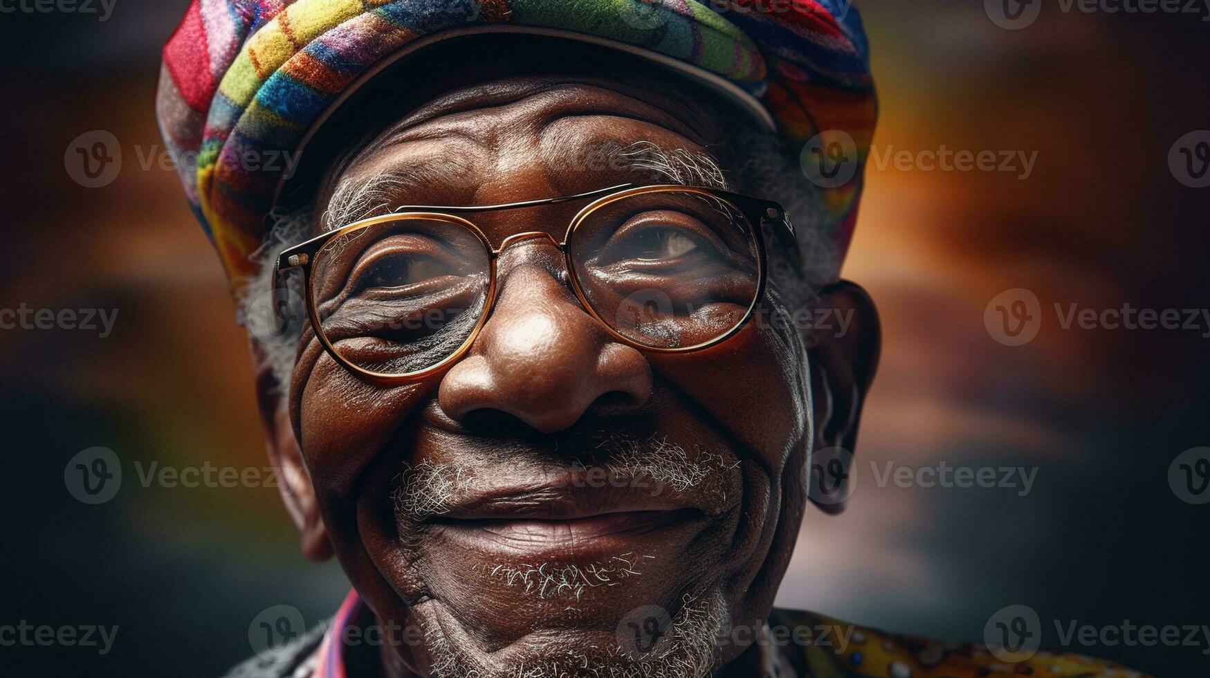 Generative AI, African American funny happy old retirement man closeup portrait, wearing glasses and modern fashionable clothes photo