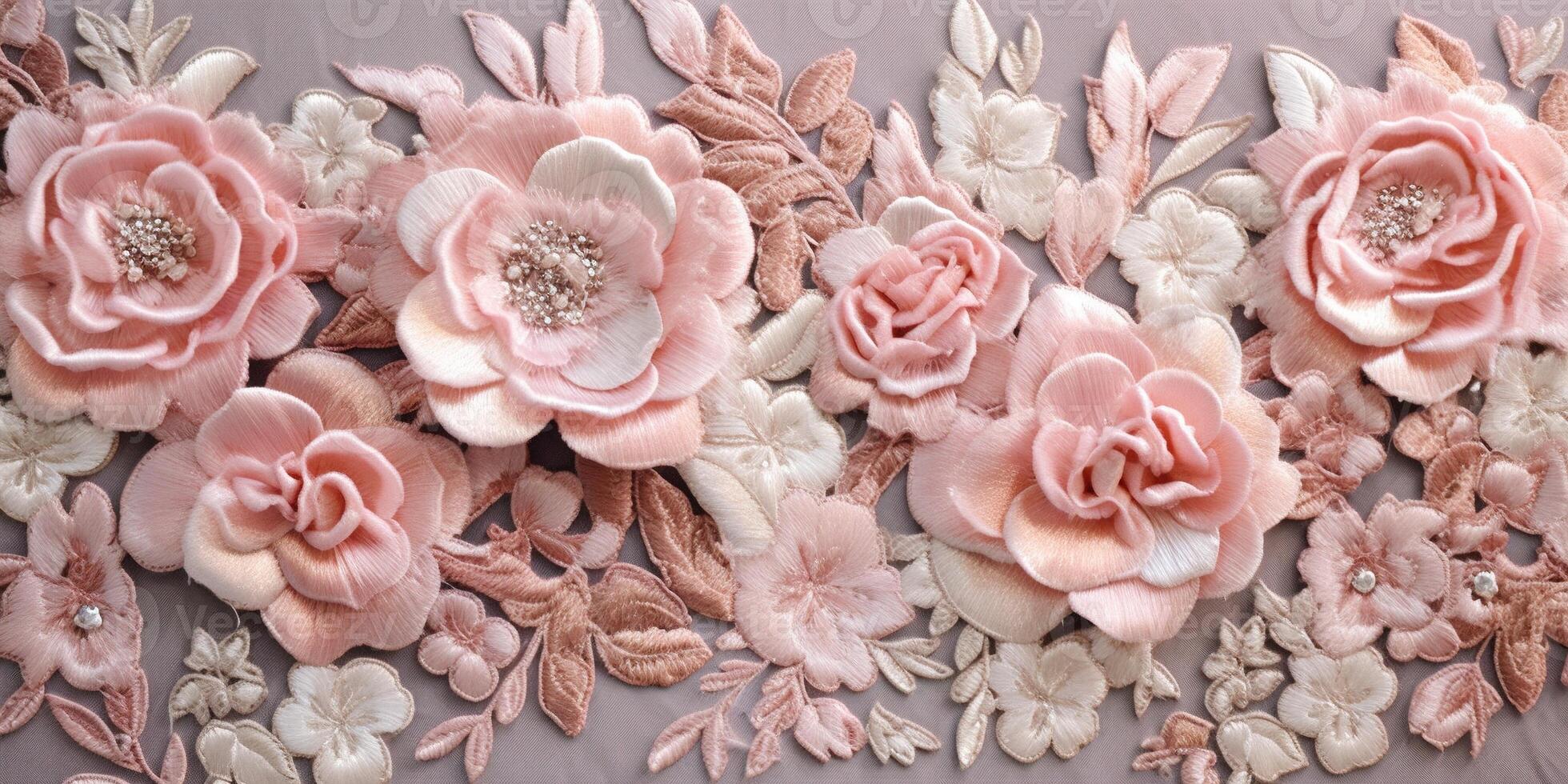 , embroidered shabby chic baroque light pink roses pattern. Floral print on silk background photo