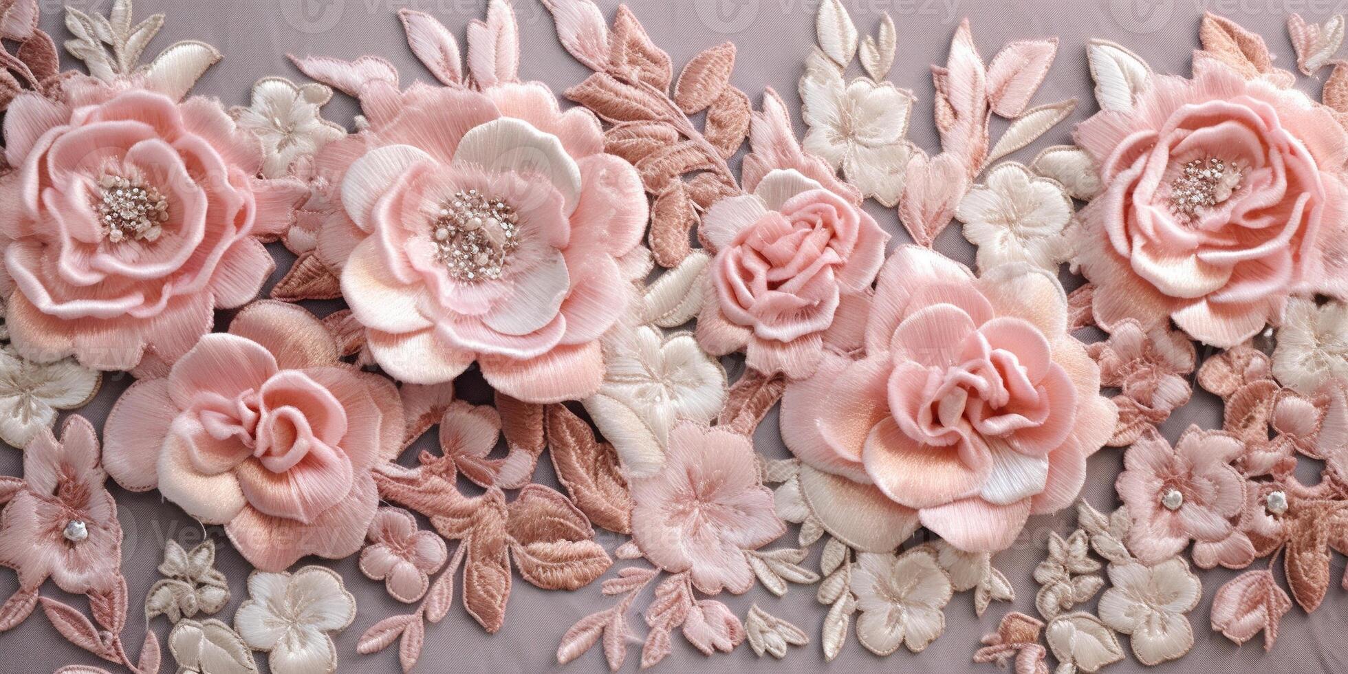 Generative AI, embroidered shabby chic baroque light pink roses pattern.  Floral print on silk background photo