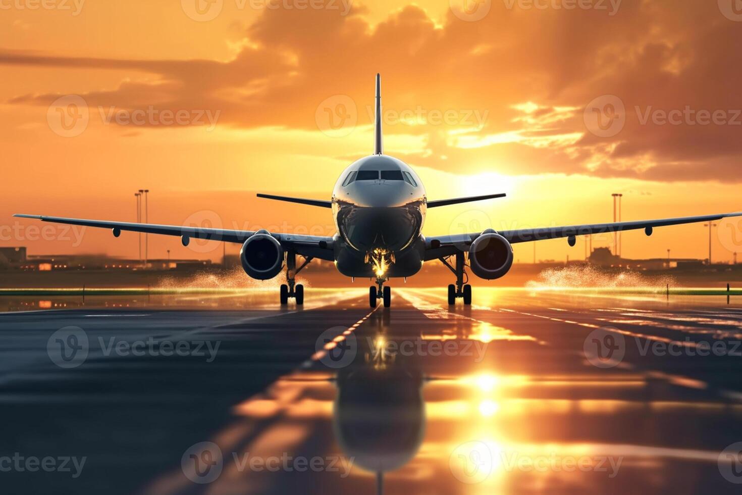 Landing a plane against a golden sky at sunset. Passenger aircraft flying up in sunset light. The concept of fast travel, recreation and business.  Generative AI photo