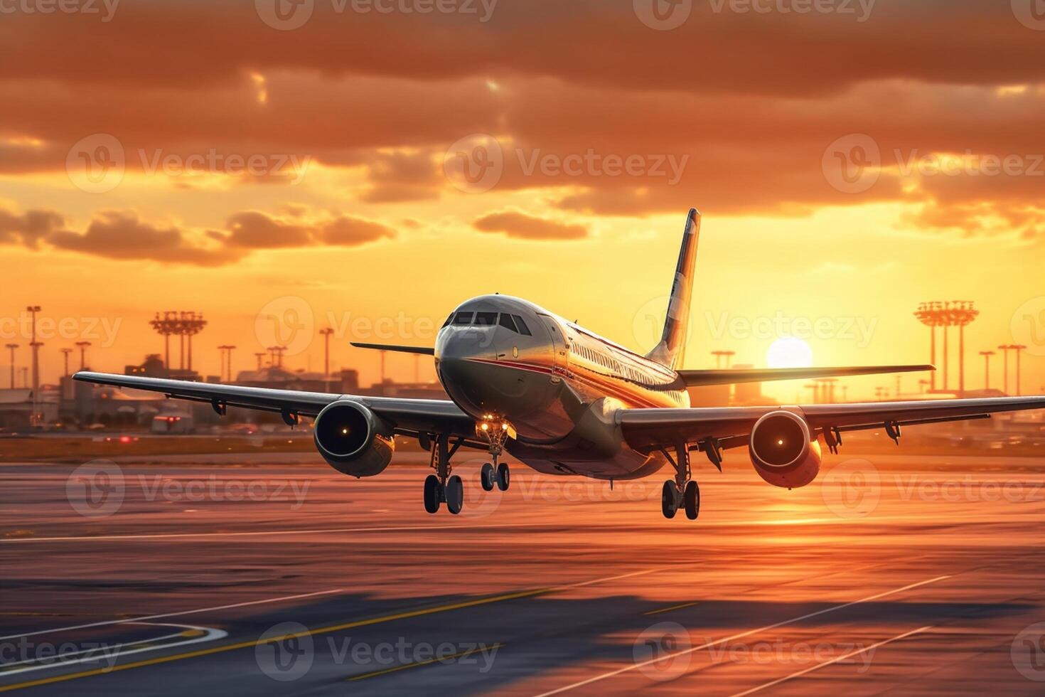 Landing a plane against a golden sky at sunset. Passenger aircraft flying up in sunset light. The concept of fast travel, recreation and business.  Generative AI photo