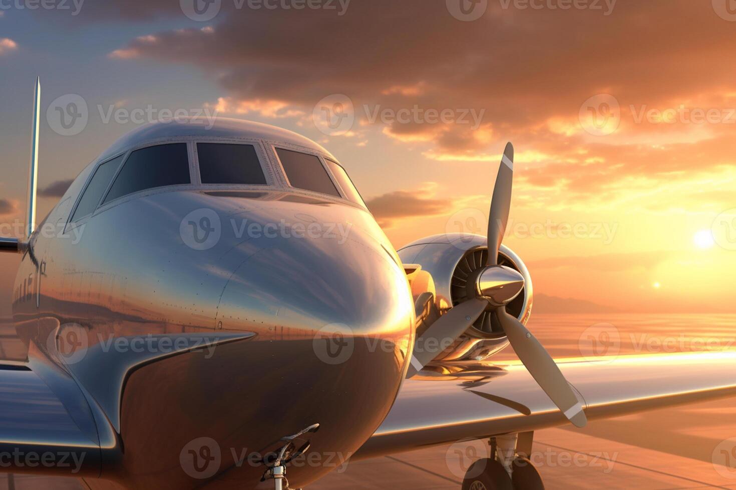 Landing plane against a golden sky at sunset. Passenger aircraft close up in sunset light. The concept of fast travel, recreation and business.  Generative AI photo